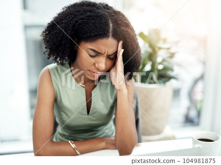 Stress, depressed or black woman in office with headache pain from job pressure or burnout fatigue in company. Bad migraine problem, business or tired girl employee frustrated by deadline anxiety 104981875