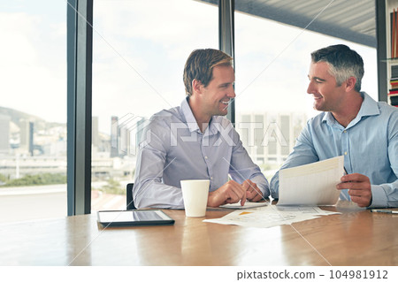 Business meeting, team and talking about documents, corporate planning and strategy. Men, partner or manager together for finance collaboration with paperwork during happy office conversation Business meeting, team and talking about documents, corporate planning and strategy. Men, partner or manager together for finance collaboration with paperwork during happy office conversation 104981912