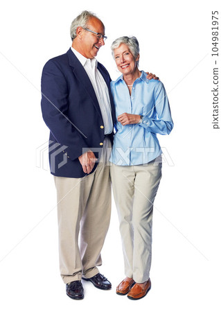 Senior, couple and love by man and woman happy and hugging isolated against a studio white background. Old people or elderly people feeling happiness and affection together enjoying retirement 104981975