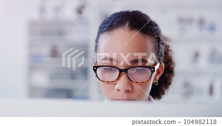 Focus, computer and research with woman in laboratory for thinking, medical report or network. Healthcare, pharmacy and science expert with female scientist for internet, technology or medicine study 104982118