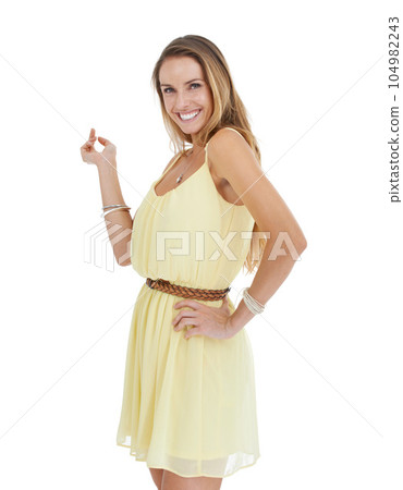 Fashion, casual portrait of woman in summer dress with smile isolated on white background with happiness. Beauty, fun and weekend style, happy woman, fashion model or influencer standing in studio. Fashion, casual portrait of woman in summer dress with smile isolated on white background with happiness. Beauty, fun and weekend style, happy woman, fashion model or influencer standing in studio. 104982243