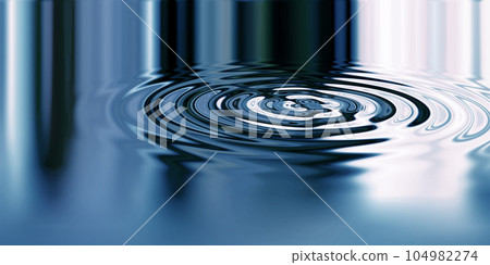 Waves, ripple and design with water drop pattern with mockup for 3d, digital and texture. Environment, reflection and futuristic with liquid in background for abstract, sustainability and art deco 104982274