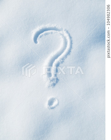 Question mark drawing in snow, winter and sign, icon or symbol outdoor with punctuation. Grammar, wondering and thinking with doubt, decision and snowy weather, ask and problem solving with faq 104982306