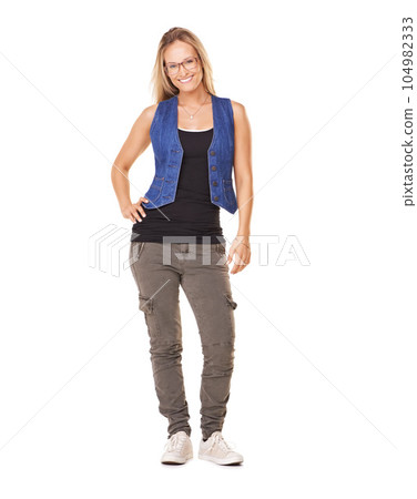 Fashion, casual body portrait of woman with smile and glasses isolated on white background with happiness. Beauty, fun and happy woman model in weekend streetwear with urban style standing in studio. 104982333