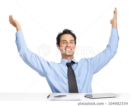 Businessman, portrait or hands up on studio background in success financial task, complete or done company accounting. Smile, relax or happy corporate worker stretching by desk, fintech or documents 104982334