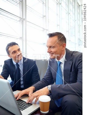 Planning, laptop and business man with client meeting for digital, website or online investment strategy. Corporate businessman with management advice for finance, stock market and consulting company 104982424