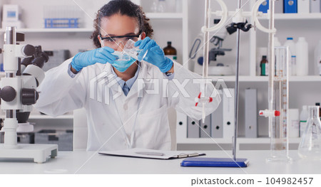 Lab worker, woman scientist and chemical pour of a employee with science work. Laboratory, medical test and chemistry for disease, virus and health analysis doing futuristic research with mask Lab worker, woman scientist and chemical pour of a employee with science work. Laboratory, medical test and chemistry for disease, virus and health analysis doing futuristic research with mask 104982457