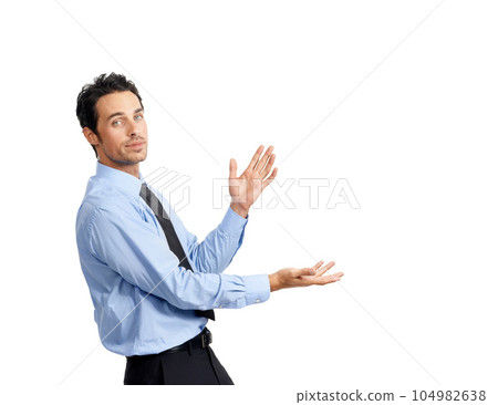 Businessman, portrait and hands in studio for advertising, brand and strategy on white background. Face, worker and manager with copy space for vision, planning and thinking, confident and serious 104982638