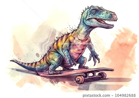 watercolor artwork featuring a hipster T-Rex riding a skateboard ai generation watercolor artwork featuring a hipster T-Rex riding a skateboard ai generation 104982688