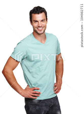 Portrait, fashion or smile with a man model in studio isolated on a white background for marketing. Advertising, confidence or profile picture with a male on bank space for product branding or a logo Portrait, fashion or smile with a man model in studio isolated on a white background for marketing. Advertising, confidence or profile picture with a male on bank space for product branding or a logo 104982711