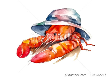watercolor artwork featuring a lobster with a fashionable hat ai 104982714