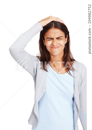 Confused, doubt and mistake with a woman in studio isolated on a white background standing hand on head. Stress, error and fail with an attractive young female on advertising or marketing space 104982752