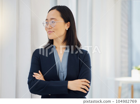Office window, arms crossed and confident Asian woman looking at workplace view, happy and thinking about startup growth. Entrepreneurship success, pride and business person smile in Japan company HQ Office window, arms crossed and confident Asian woman looking at workplace view, happy and thinking about startup growth. Entrepreneurship success, pride and business person smile in Japan company HQ 104982769