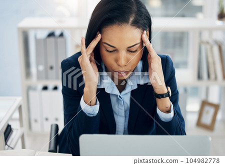 Headache, stress and business woman in office for HR report, online mistake or payroll problem on computer. Tired, frustrated of Human Resources employee or person, mental health risk or budget fail 104982778