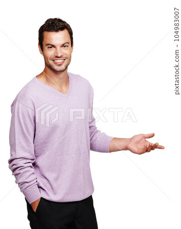 Man, portrait and smile of a model with white background gesture to mockup for advertisement. Isolated, studio and person with mock up space for marketing and advertising with happiness and smiling 104983007