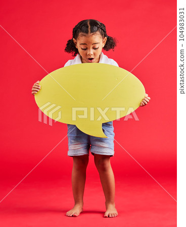 Surprised, child or speech bubble for ideas, opinion or vote on isolated red background in social media or wow news. Shocked, girl or kid showing banner, paper or cardboard poster in speaker mockup Surprised, child or speech bubble for ideas, opinion or vote on isolated red background in social media or wow news. Shocked, girl or kid showing banner, paper or cardboard poster in speaker mockup 104983031