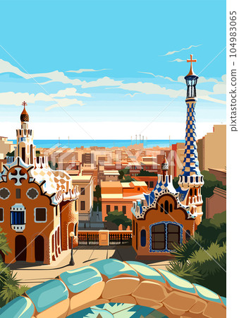 Travel Destination in Barcelona Spain vintage print. holidays concept of illustration 104983065