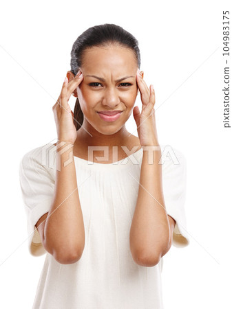 Portrait, black woman and headache with stress, pain and girl isolated on white studio background. African American female, lady and depression with burnout, overworked or anxiety with hands on head Portrait, black woman and headache with stress, pain and girl isolated on white studio background. African American female, lady and depression with burnout, overworked or anxiety with hands on head 104983175