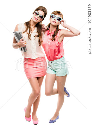 Fashion, vintage and friends with portrait of women in studio for elegant, trendy or beauty. Sunglasses, confident and cosmetics with people isolated on white background for glamour, beehive or style 104983189