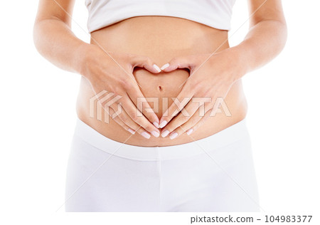 Pregnancy, mom hands and heart on stomach for baby, mother love and security support in white background studio. Pregnant woman wellness, motherhood and hand frame abdomen for infant healthcare Pregnancy, mom hands and heart on stomach for baby, mother love and security support in white background studio. Pregnant woman wellness, motherhood and hand frame abdomen for infant healthcare 104983377