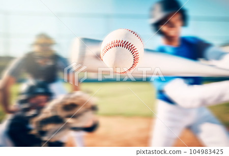 Baseball ball, athlete bat swing and speed on outdoor sport field with team and blur. Sports fast pitch, softball player hit and man on exercise ground in a stadium and usa game for fitness training Baseball ball, athlete bat swing and speed on outdoor sport field with team and blur. Sports fast pitch, softball player hit and man on exercise ground in a stadium and usa game for fitness training 104983425
