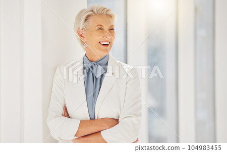 Senior business woman, arms crossed and happy for career, management job or corporate work. Confidence, pride and female person, CEO or boss smile for company growth, entrepreneurship or success Senior business woman, arms crossed and happy for career, management job or corporate work. Confidence, pride and female person, CEO or boss smile for company growth, entrepreneurship or success 104983455