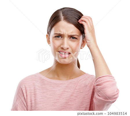 Confused, thinking and woman in studio portrait for mistake, decision or choice problem isolated on white background. Doubt, idea and model face and hand scratch head for confusion sign on mockup 104983514