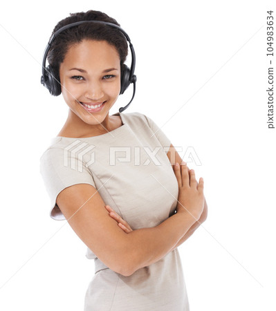 Black woman, studio portrait and arms crossed for telemarketing with headphones, communication and white background. Isolated crm consultant, call center and woman for customer service, tech and goal Black woman, studio portrait and arms crossed for telemarketing with headphones, communication and white background. Isolated crm consultant, call center and woman for customer service, tech and goal 104983634
