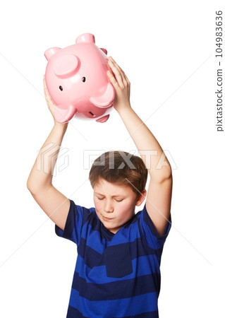 Piggy bank, smash and young boy in studio for finance, savings and decision against white background. Money box, breaking and preteen male person with investment, cash and future financial freedom Piggy bank, smash and young boy in studio for finance, savings and decision against white background. Money box, breaking and preteen male person with investment, cash and future financial freedom 104983636