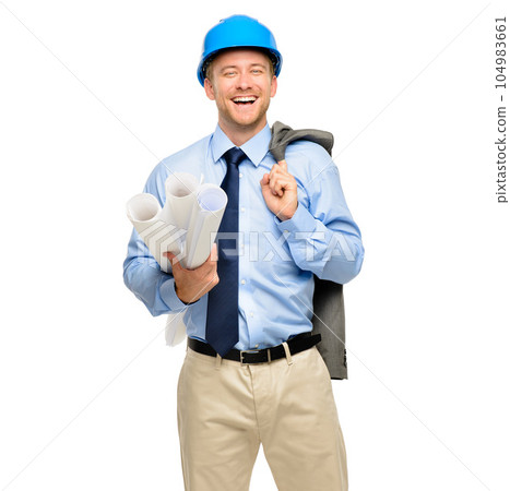 Architecture, blueprint and funny with portrait of man in studio for engineering, designer and building, Graphics, floor plan and construction with male contractor on white background for inspection Architecture, blueprint and funny with portrait of man in studio for engineering, designer and building, Graphics, floor plan and construction with male contractor on white background for inspection 104983661