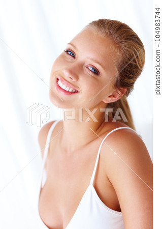 Portrait, smile and woman with beauty, cosmetics and confident girl isolated against a white studio background. Face, female person and happy model with positivity, carefree and happiness with mockup Portrait, smile and woman with beauty, cosmetics and confident girl isolated against a white studio background. Face, female person and happy model with positivity, carefree and happiness with mockup 104983744