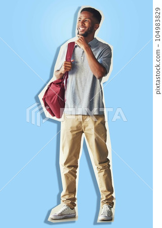 Thinking, education and collage of happy student with idea, knowledge and choice for university advertising. Think, learning and body paper cut out of black man on blue studio mockup. Thinking, education and collage of happy student with idea, knowledge and choice for university advertising. Think, learning and body paper cut out of black man on blue studio mockup. 104983829