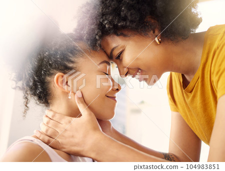 Forehead, lesbian and women with love, lgbtq and smile with romance, support and happiness. Queer, female people and girls with care, homosexual relationship and relax with a loving relationship 104983851
