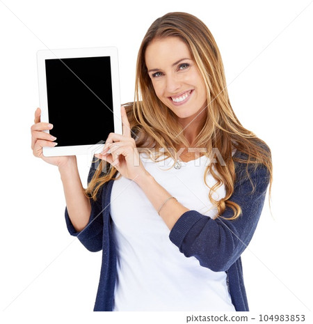 Tablet screen, space and woman in portrait isolated on white background of website design or advertising mock up. Happy person or online user with digital technology, application and mockup in studio 104983853