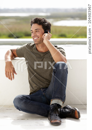 Happy, phone call and man outdoor, relax or summer holiday with confidence, connection or communication. Male person, stylish or guy with a smartphone, Spain and conversation with happiness outside Happy, phone call and man outdoor, relax or summer holiday with confidence, connection or communication. Male person, stylish or guy with a smartphone, Spain and conversation with happiness outside 104983967