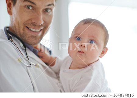 Portrait, pediatrician and holding baby in clinic assessment, medical support and growth. Newborn kids, happy man and pediatrics doctor in hospital for healthcare, consulting and wellness of children Portrait, pediatrician and holding baby in clinic assessment, medical support and growth. Newborn kids, happy man and pediatrics doctor in hospital for healthcare, consulting and wellness of children 104984010