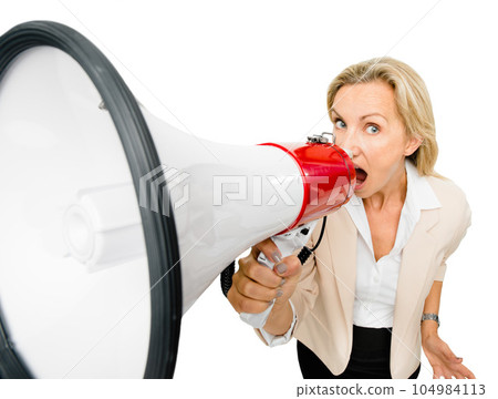 Megaphone, portrait and mature woman in studio with wow news, sale or announcement on white background. Speaker, speech and face of lady with coming soon promo, launch or offer, vote or voice opinion 104984113