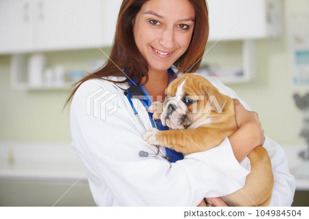 Woman vet, dog and clinic portrait with smile, care and love for health, wellness or growth. Female veterinarian, doctor and puppy with hug, happiness and healthcare in hospital for medical attention 104984504