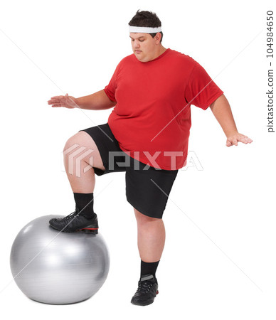 Exercise ball, balance and plus size man determined to lose weight, body workout diet or focus on fitness health. Gym club equipment, studio challenge and person training isolated on white background Exercise ball, balance and plus size man determined to lose weight, body workout diet or focus on fitness health. Gym club equipment, studio challenge and person training isolated on white background 104984650