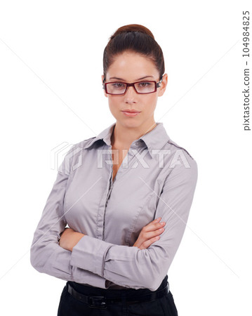 Serious portrait, arms crossed and business woman for professional, expert legal work or pride of law firm or job. Justice, studio attorney or confident female lawyer isolated on white background Serious portrait, arms crossed and business woman for professional, expert legal work or pride of law firm or job. Justice, studio attorney or confident female lawyer isolated on white background 104984825