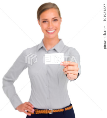 Woman, portrait and business card for advertising, marketing or branding against a white studio background. Isolated happy female person, employee or model showing poster or placard for advertisement Woman, portrait and business card for advertising, marketing or branding against a white studio background. Isolated happy female person, employee or model showing poster or placard for advertisement 104984827