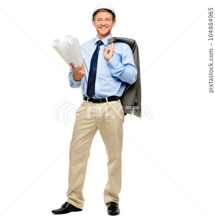 Architecture, blueprint and builder with portrait of man in studio for engineering, designer or building, Graphics, floor plan and construction with male contractor on white background for inspection 104984965