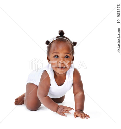 Smile, crawling and African girl baby isolated on white background with playful happiness and growth. Learning to crawl, playing and sitting, face of happy black kid on studio backdrop with childcare Smile, crawling and African girl baby isolated on white background with playful happiness and growth. Learning to crawl, playing and sitting, face of happy black kid on studio backdrop with childcare 104985278