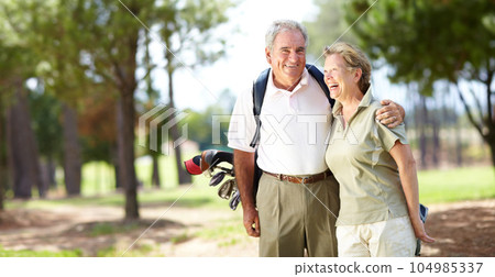 Happy old couple, hug or portrait of golfers in fitness workout, exercise or round on course or field. Embrace, elderly man hugging, laughing or smiling in golfing sports game with funny senior woman 104985337
