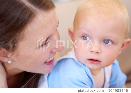 Love, mother and baby bonding, happy and support with family, hug and happiness with joy, nurture and security. Mama, mom and infant with female parent, kid and child development with safety and care 104985546