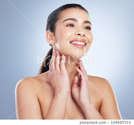 Smile, skincare and hands on face of woman in studio for wellness, glowing skin or cosmetic satisfaction on grey background. Beauty, soft and asian lady model happy with dermatology, luxury or result Smile, skincare and hands on face of woman in studio for wellness, glowing skin or cosmetic satisfaction on grey background. Beauty, soft and asian lady model happy with dermatology, luxury or result 104985553