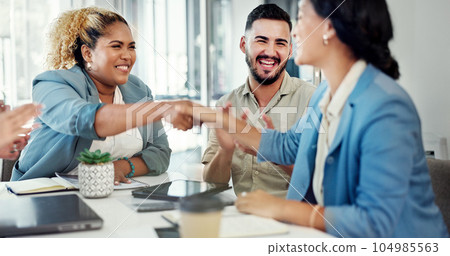 Business, woman and leader handshake employee, applause for promotion and welcome new agent. Corporate, female employee shaking hands and manager with staff clapping and celebration for achievement 104985563