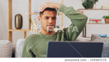 Stress, fail and laptop of man on sofa reading news, results or feedback on application problem, rejection or feedback. Anxiety, frustrated and person at home with computer error, mistake or email 104985578