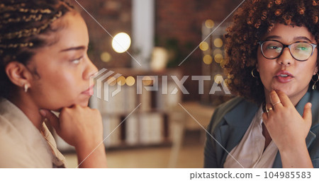 Business, manager talking to employee and startup with success, new project and deadline in modern office. Female coworkers, consultants and agents in workplace, brainstorming and explain process 104985583