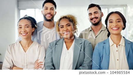 Business people, teamwork and arms crossed in office with diversity portrait, face or company vision. Group, corporate team building and collaboration for solidarity, support and friends in workplace 104985584